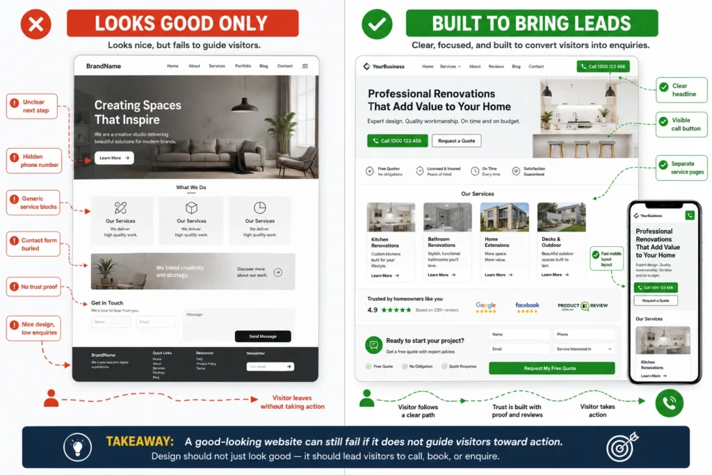 comparison between a good looking website and a lead generating business website
