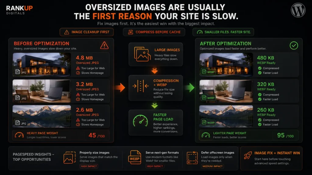 WordPress image optimization showing large images compressed into WebP for faster load time