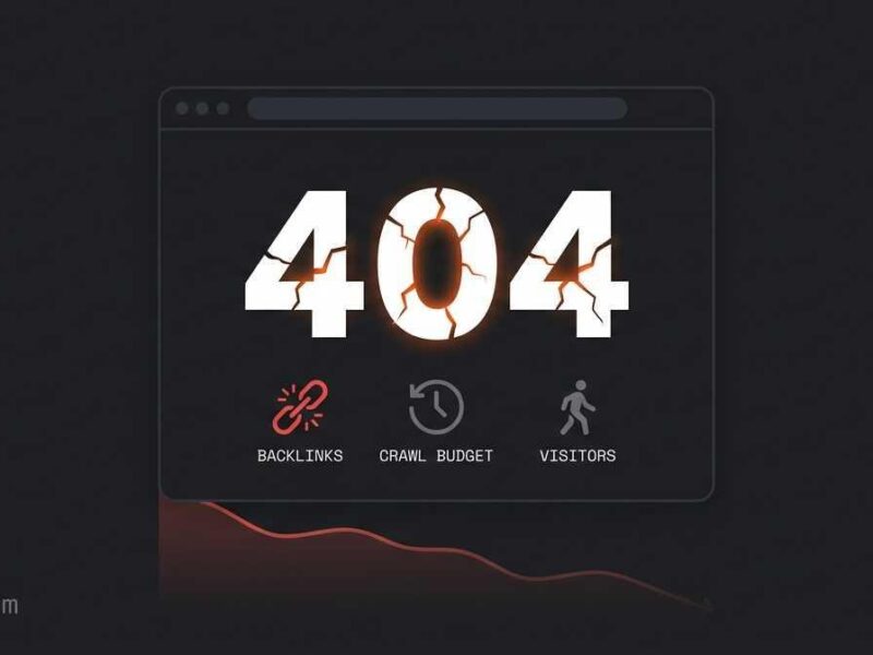 404 error graphic showing crawl budget backlinks and lost visitors
