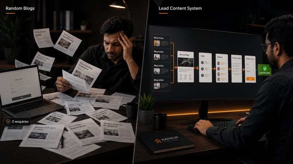 comparison showing random blog posts on one side and a connected content system leading to enquiries on the other