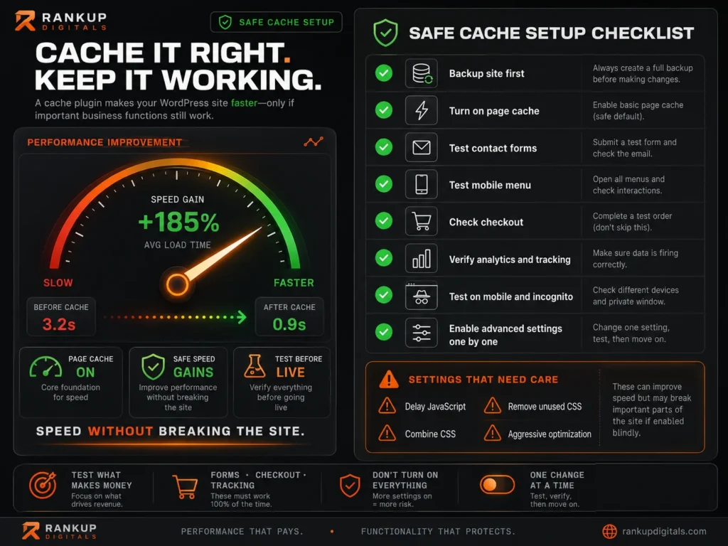 safe WordPress cache setup checklist for forms checkout tracking and mobile menu