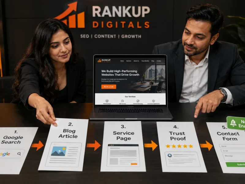 SEO content writing services showing blog article connected to service page trust proof and contact form for business growth