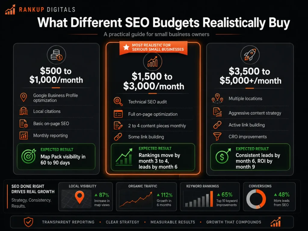 SEO pricing comparison showing what small businesses get at different monthly budgets
