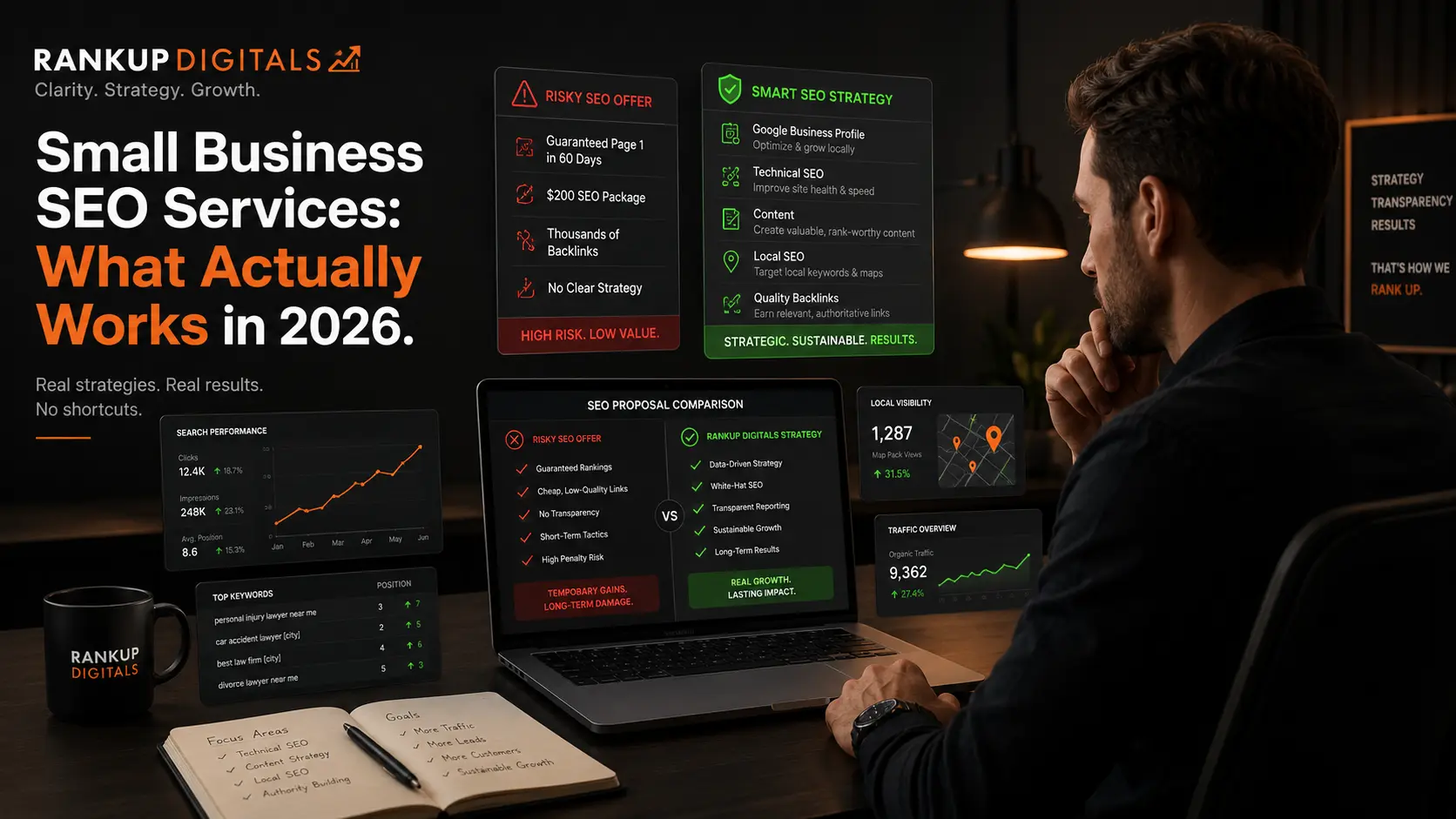 small business owner comparing real SEO strategy with fake SEO promises