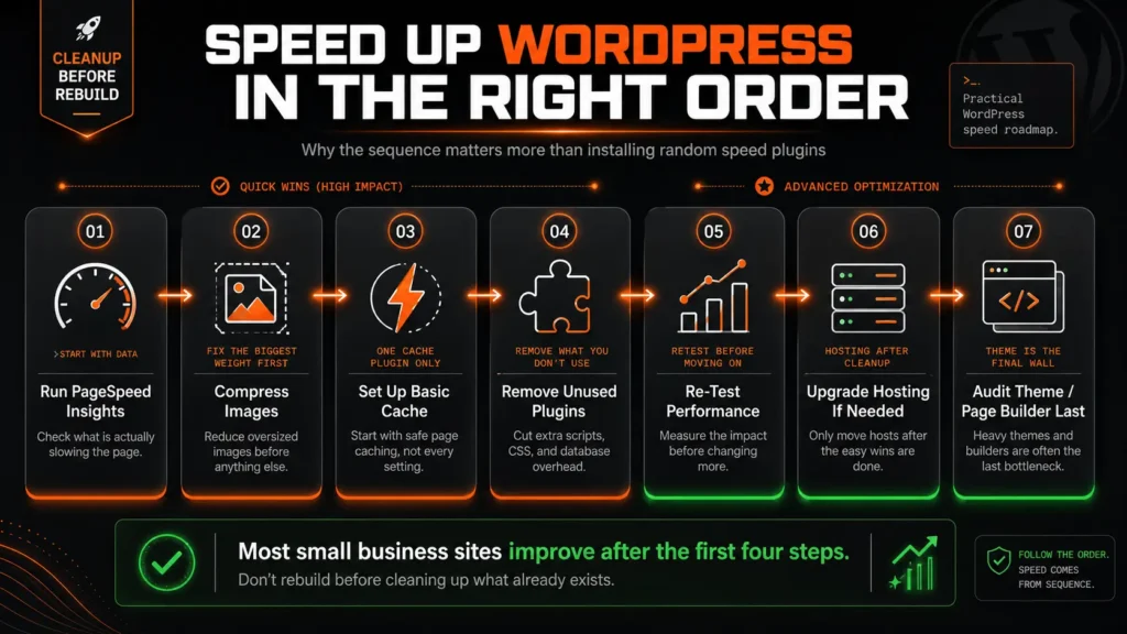 WordPress speed cleanup order from PageSpeed test to images cache plugins hosting and theme audit