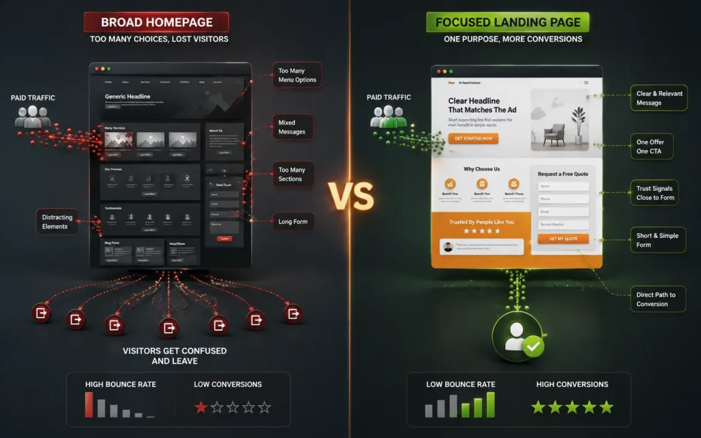 A split-screen concept image comparing a cluttered homepage with many menu options and distractions on one side, and a focused landing page with one clear offer, trust signals, a short form, and a direct path to conversions on the other side.