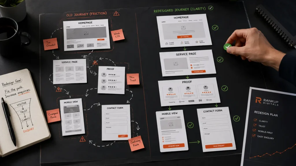 Website buyer journey map showing old confusing page flow beside a cleaner redesigned path from homepage to enquiry form
