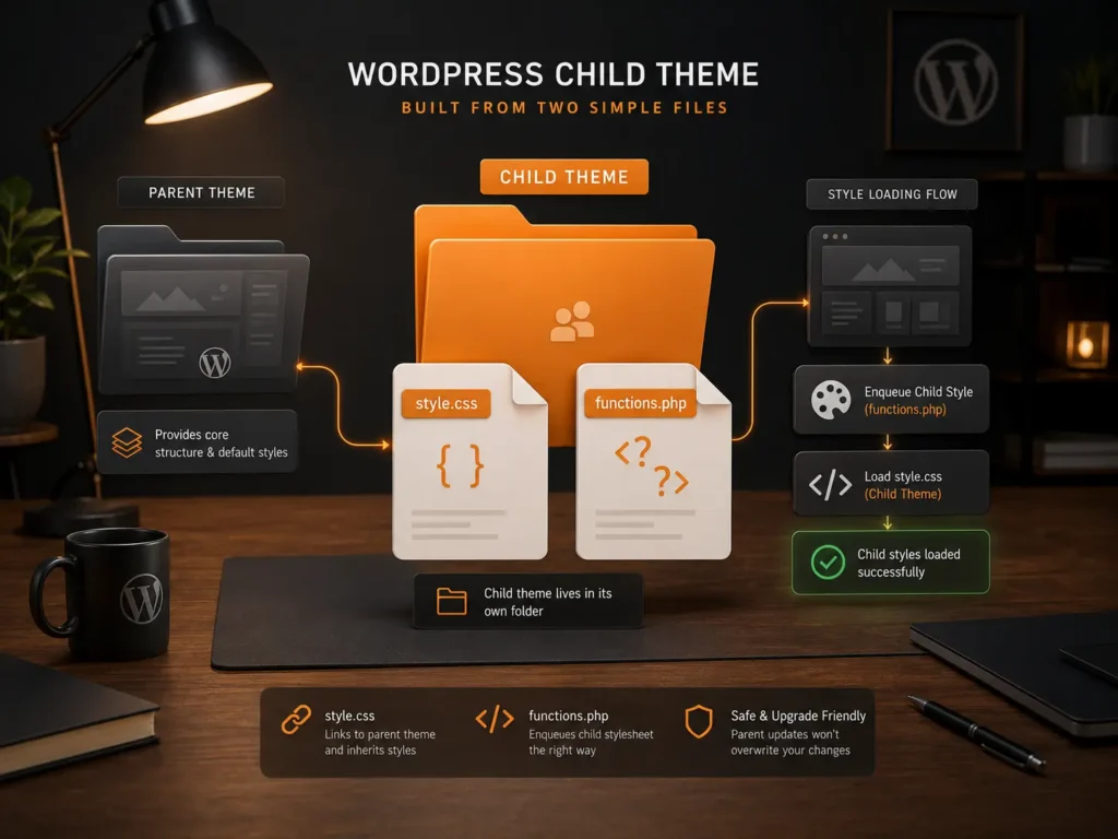Concept image showing a WordPress child theme folder with style.css and functions.php files connected to a parent theme.