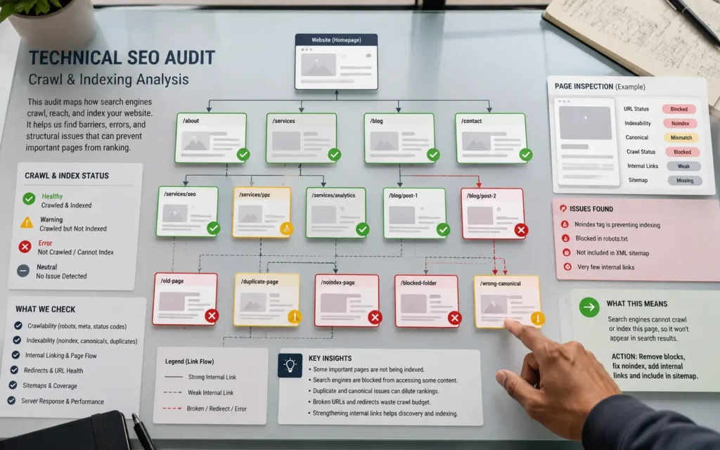 Website structure map showing crawl, indexing, canonical, and broken page issues during a technical SEO audit