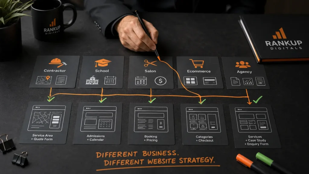different business website packages showing contractor school salon ecommerce and agency website needs