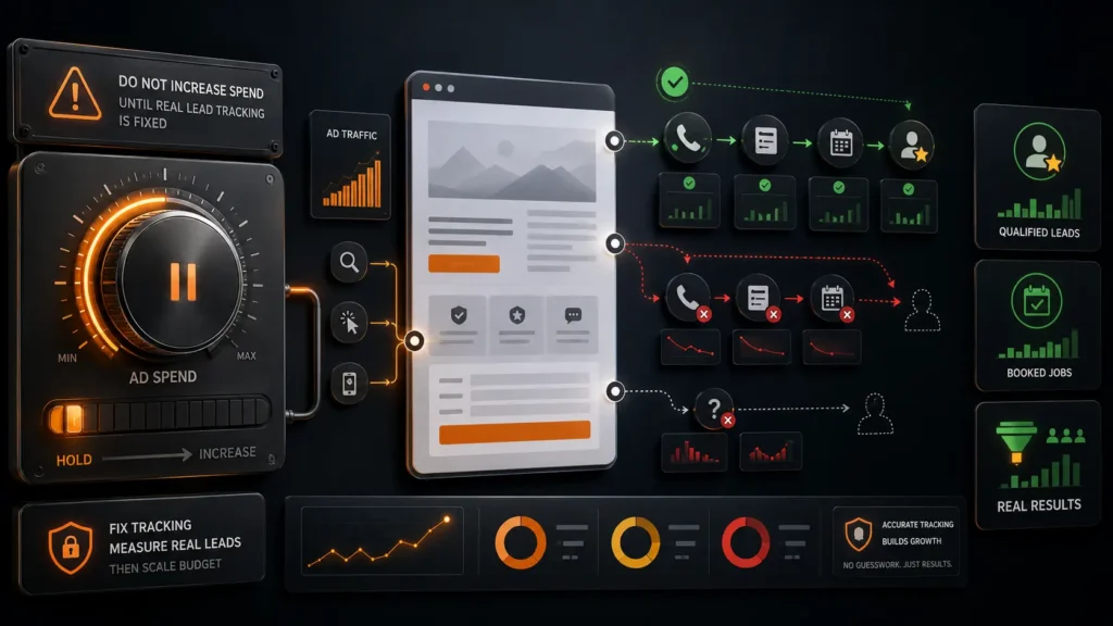 A concept image showing a paused ad spend control dial connected to a landing page and lead tracking flow, with paths for phone calls, form submissions, booked jobs, and qualified leads, illustrating that tracking must be fixed before increasing budget.