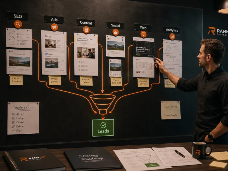 full service digital marketing agency connecting SEO ads content web design social and analytics into one business growth system