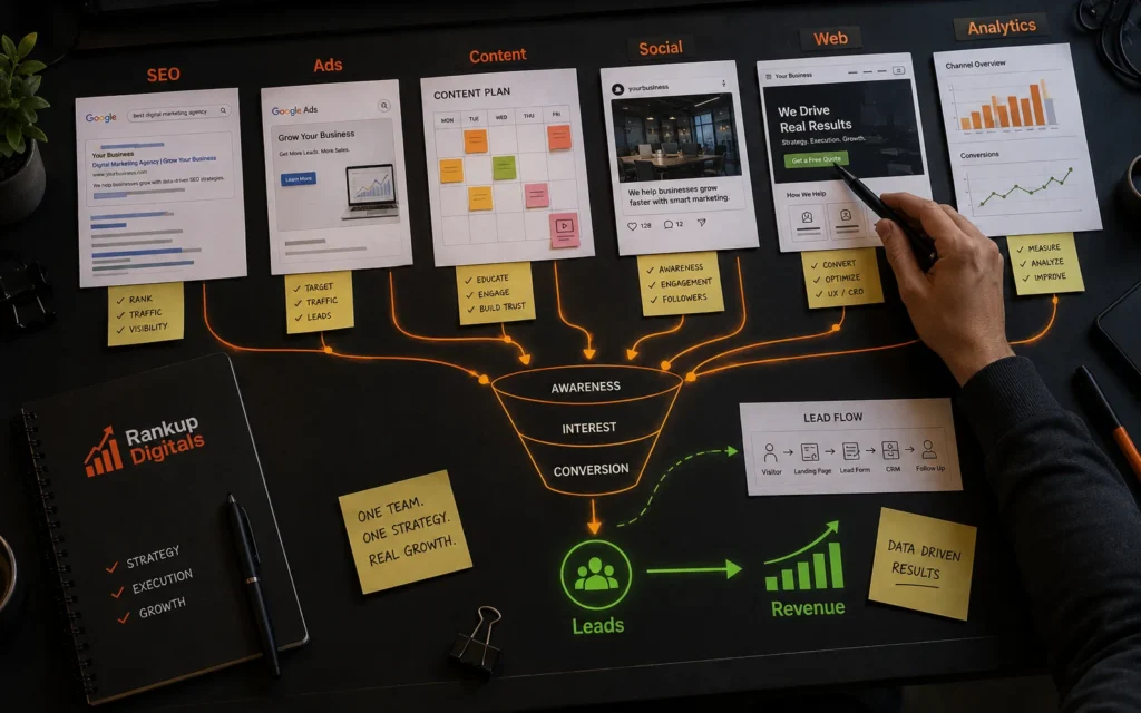 full service marketing showing seo ads content web and analytics working together in one coordinated funnel