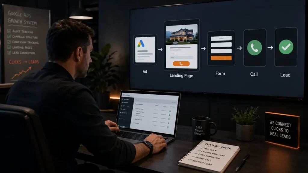 Google Ads campaign connected to conversion tracking, landing page forms, phone calls, and booked leads