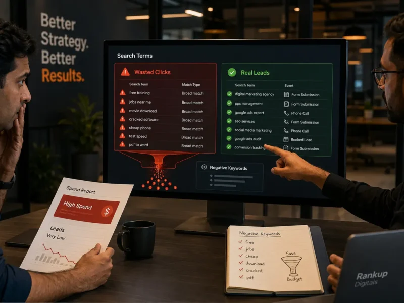 Google Ads marketing agency reviewing search terms, wasted ad spend, and lead tracking on a campaign dashboard