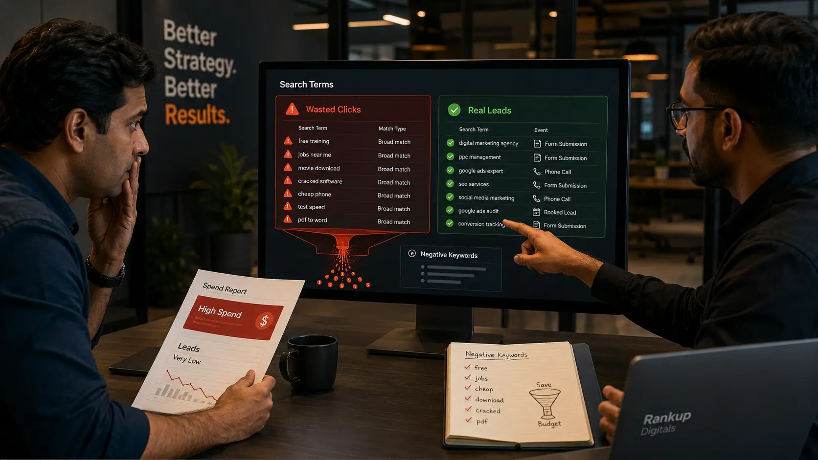 Google Ads marketing agency reviewing search terms, wasted ad spend, and lead tracking on a campaign dashboard
