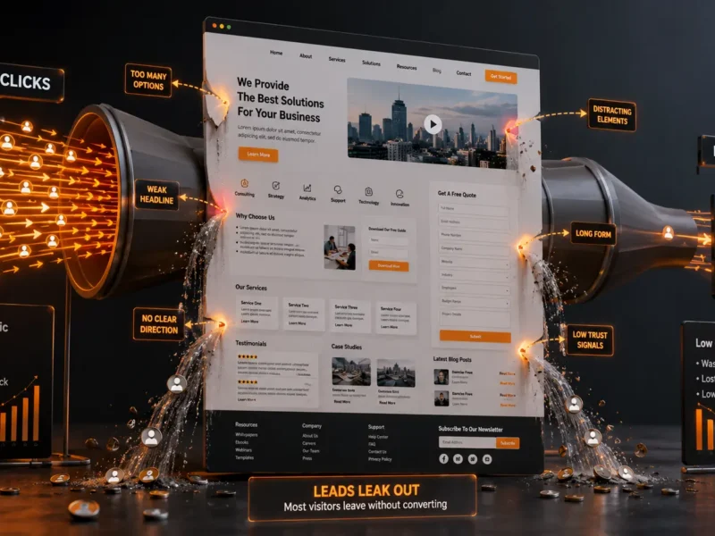 A concept image showing paid Google Ads clicks flowing into a weak landing page with too many options, a long form, and distracting elements, while only a few leads continue as phone calls and form submissions.