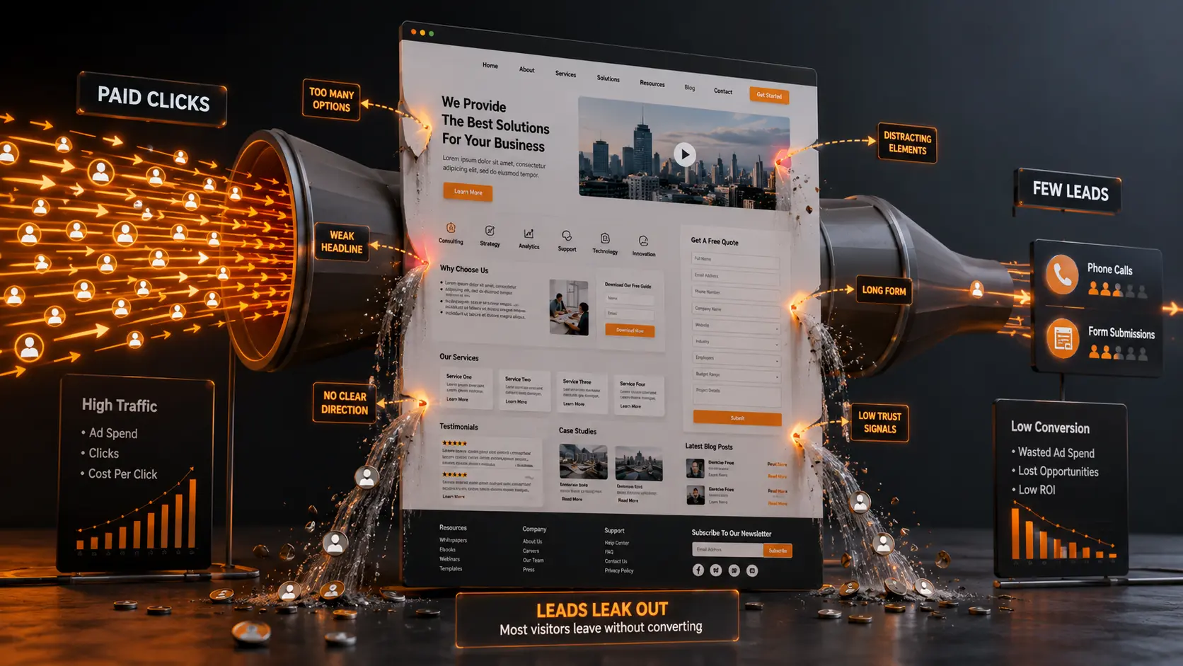A concept image showing paid Google Ads clicks flowing into a weak landing page with too many options, a long form, and distracting elements, while only a few leads continue as phone calls and form submissions.