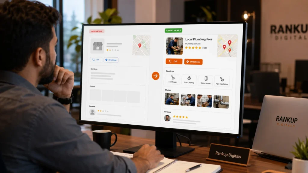 Google Business Profile optimization showing local map results service categories reviews photos calls and directions for local lead generation