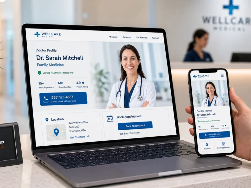 healthcare website design showing doctor profile booking button clinic location and patient trust signals