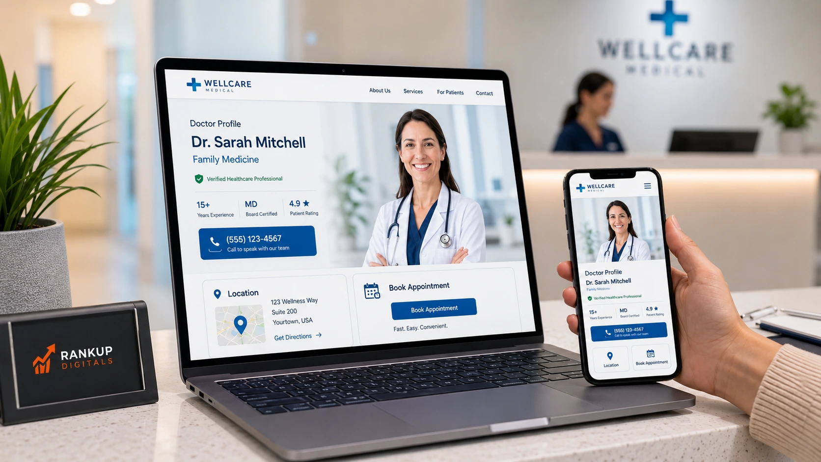 healthcare website design showing doctor profile booking button clinic location and patient trust signals