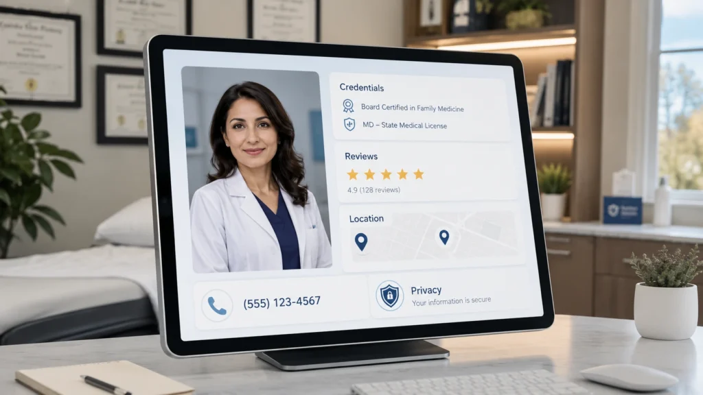 doctor website trust signals with provider bio credentials reviews clinic photos and map