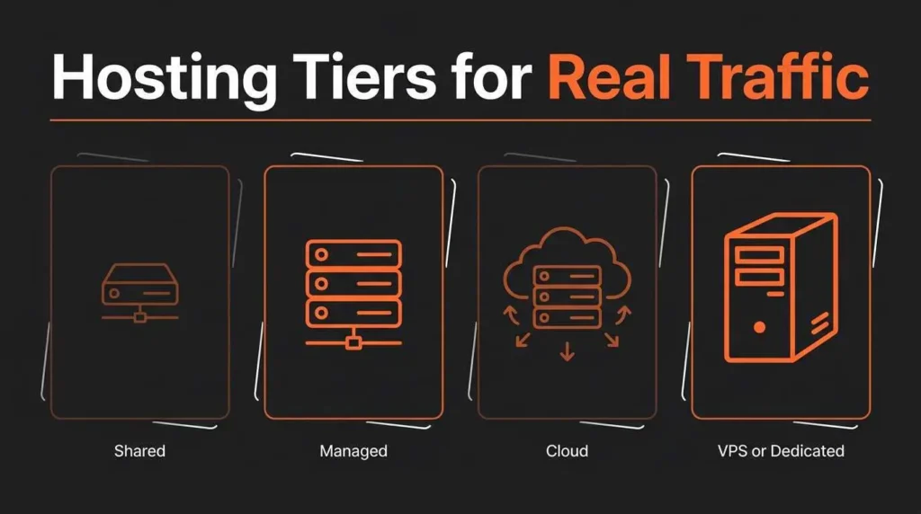 Visual comparison of four WordPress hosting tiers: shared, managed, cloud, and dedicated for high traffic events