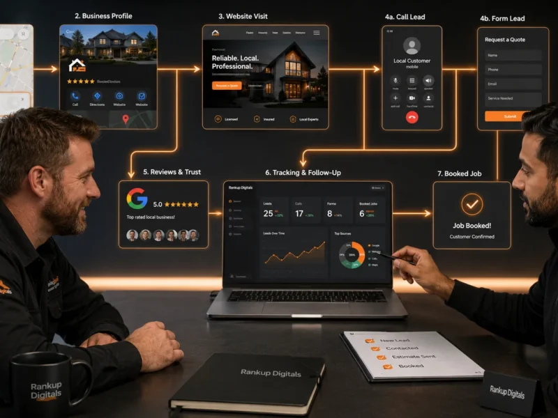 local digital marketing system showing local search business profile website calls forms tracking and booked jobs connected for better leads