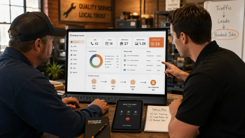local lead tracking dashboard showing calls forms ads Google Business Profile actions and booked jobs connected to real marketing results
