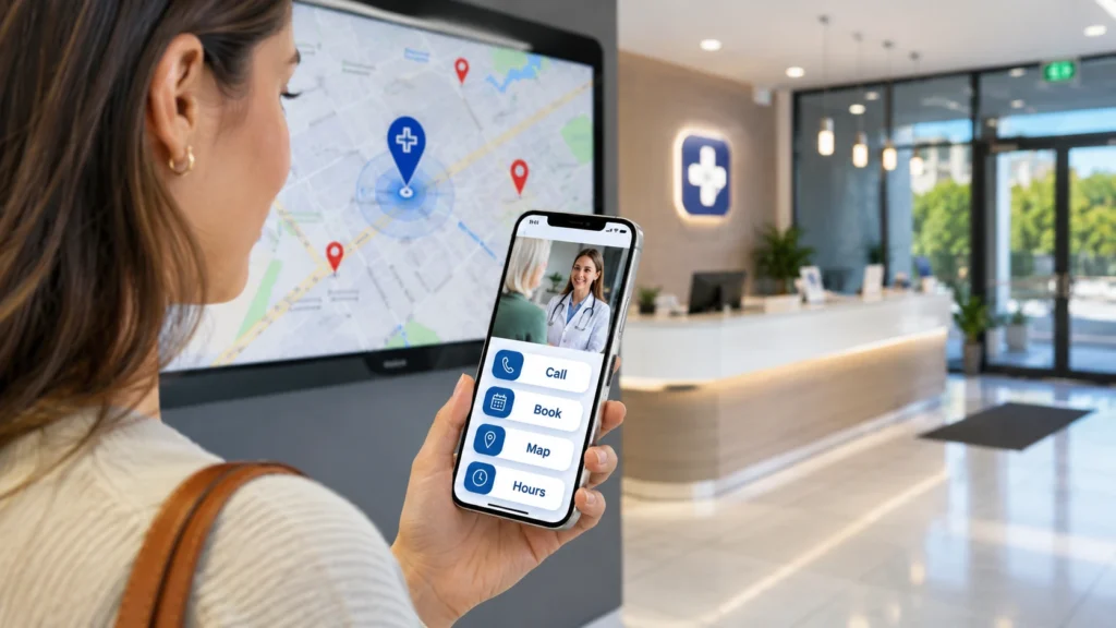 mobile clinic website with tappable phone booking map location and local SEO signals