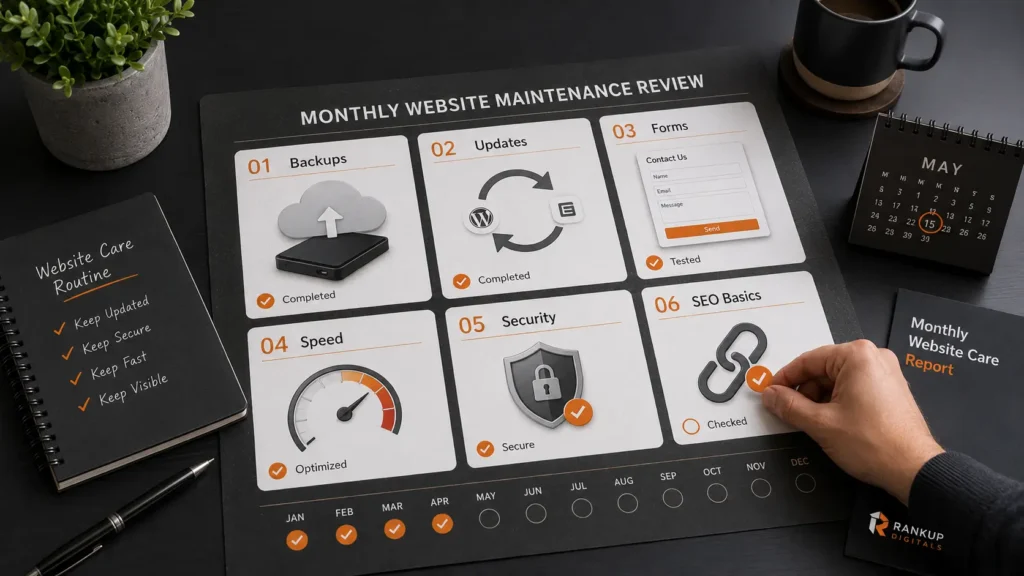 Monthly WordPress maintenance board showing backups, updates, forms, speed, security, and SEO checks for a business website