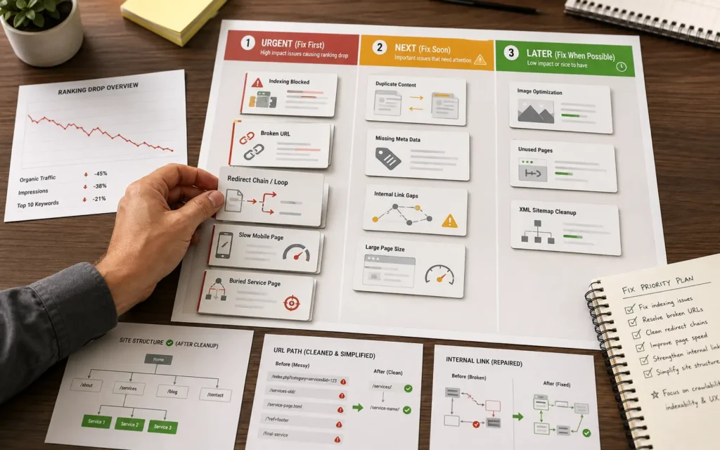 Technical SEO issue cards arranged by priority to show which website problems should be fixed first