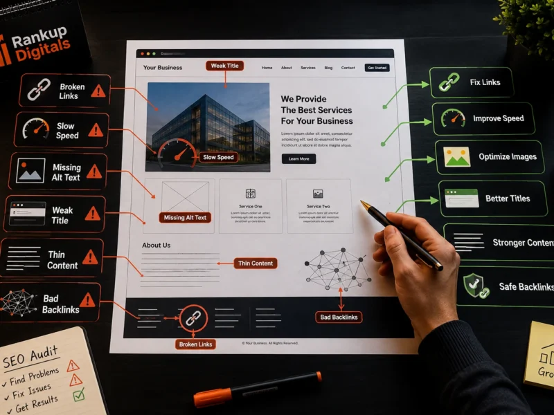 business website SEO audit showing technical content metadata speed and backlink mistakes