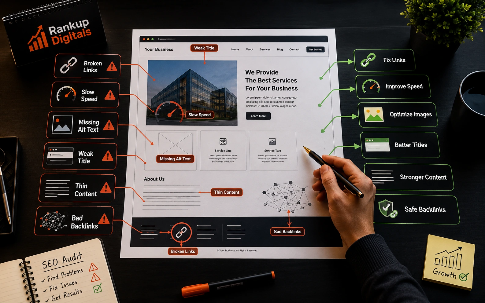 business website SEO audit showing technical content metadata speed and backlink mistakes