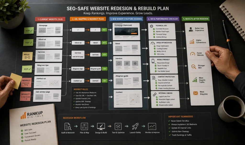 Website redesign planning scene showing URL mapping, redirects, internal links, mobile layouts, and SEO protection checks