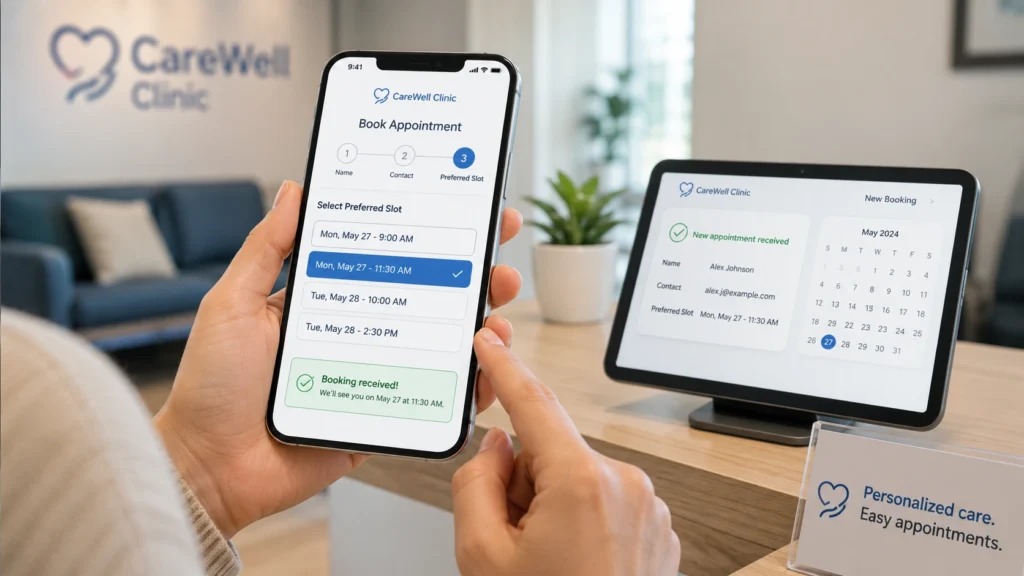 patient appointment booking form showing simple name contact preferred slot and confirmation