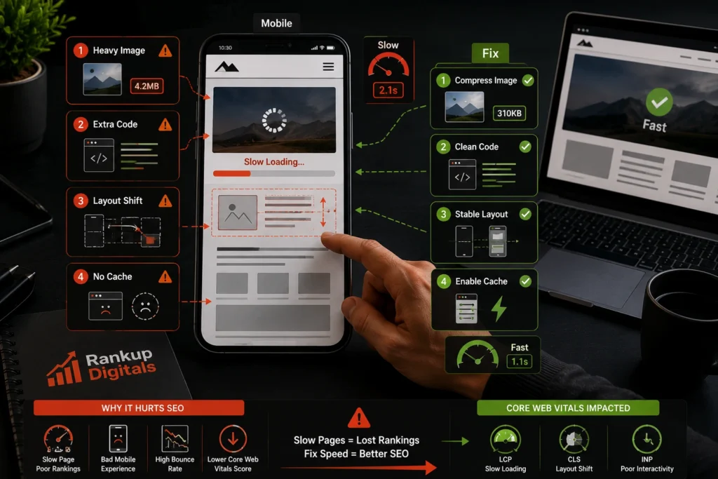 slow page speed and core web vitals problem showing heavy website elements delaying mobile page load
