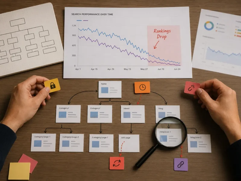 SEO audit workspace showing a ranking drop chart, sitemap notes, and technical issue markers