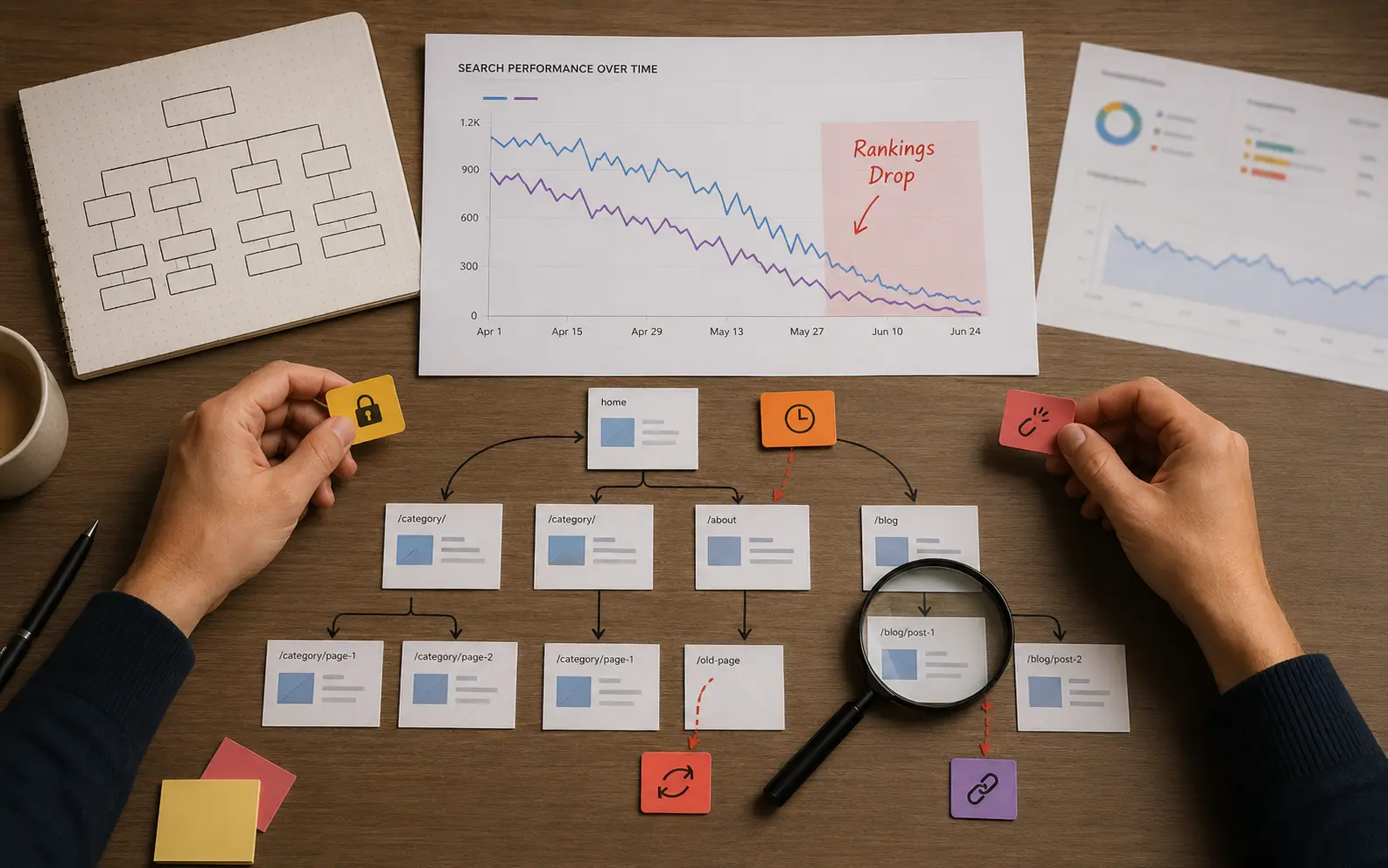 SEO audit workspace showing a ranking drop chart, sitemap notes, and technical issue markers