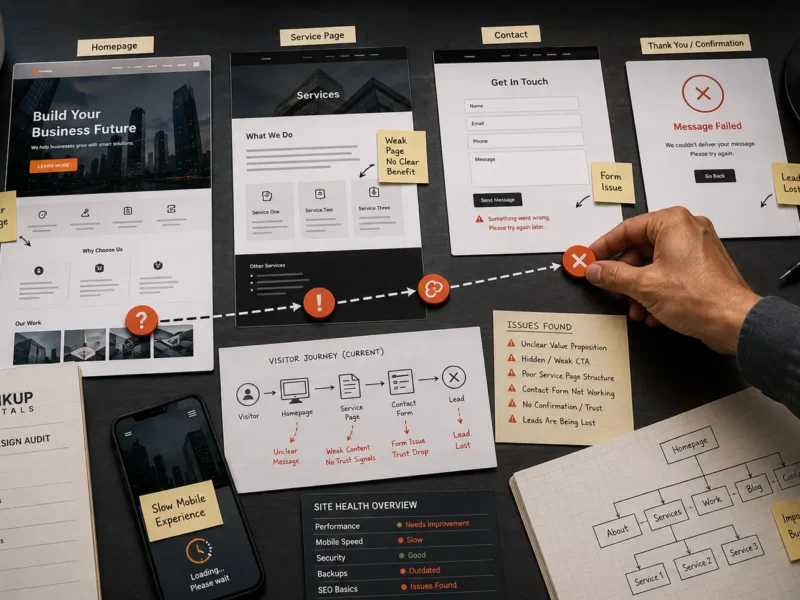 Business website redesign plan showing a polished site with unclear messaging, hidden contact path, slow mobile view, and weak service page flow