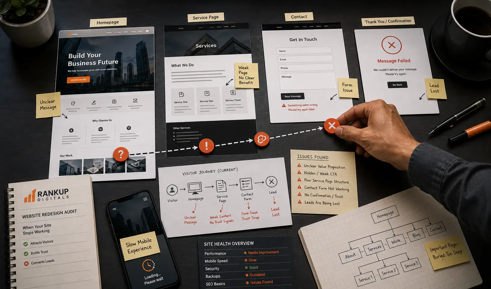 Business website redesign plan showing a polished site with unclear messaging, hidden contact path, slow mobile view, and weak service page flow