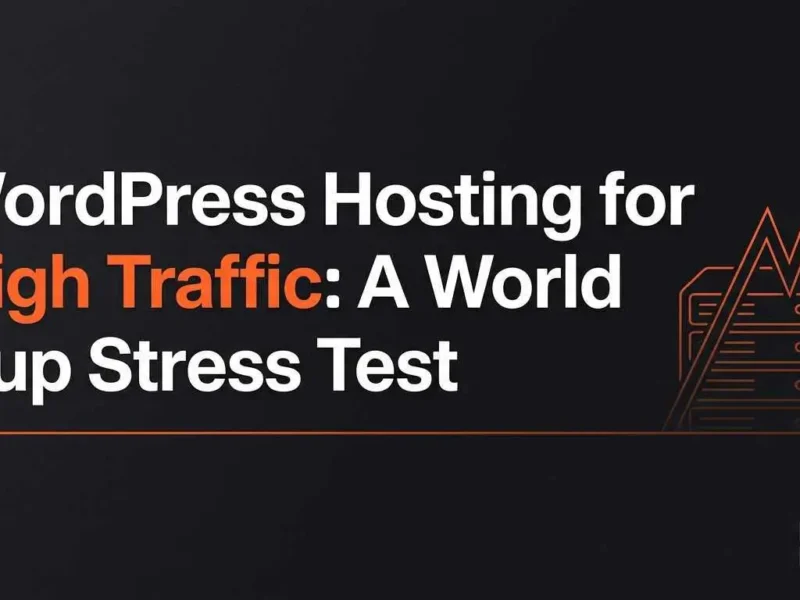 WordPress hosting hero banner showing server rack with traffic spike graph and soccer ball for World Cup readiness