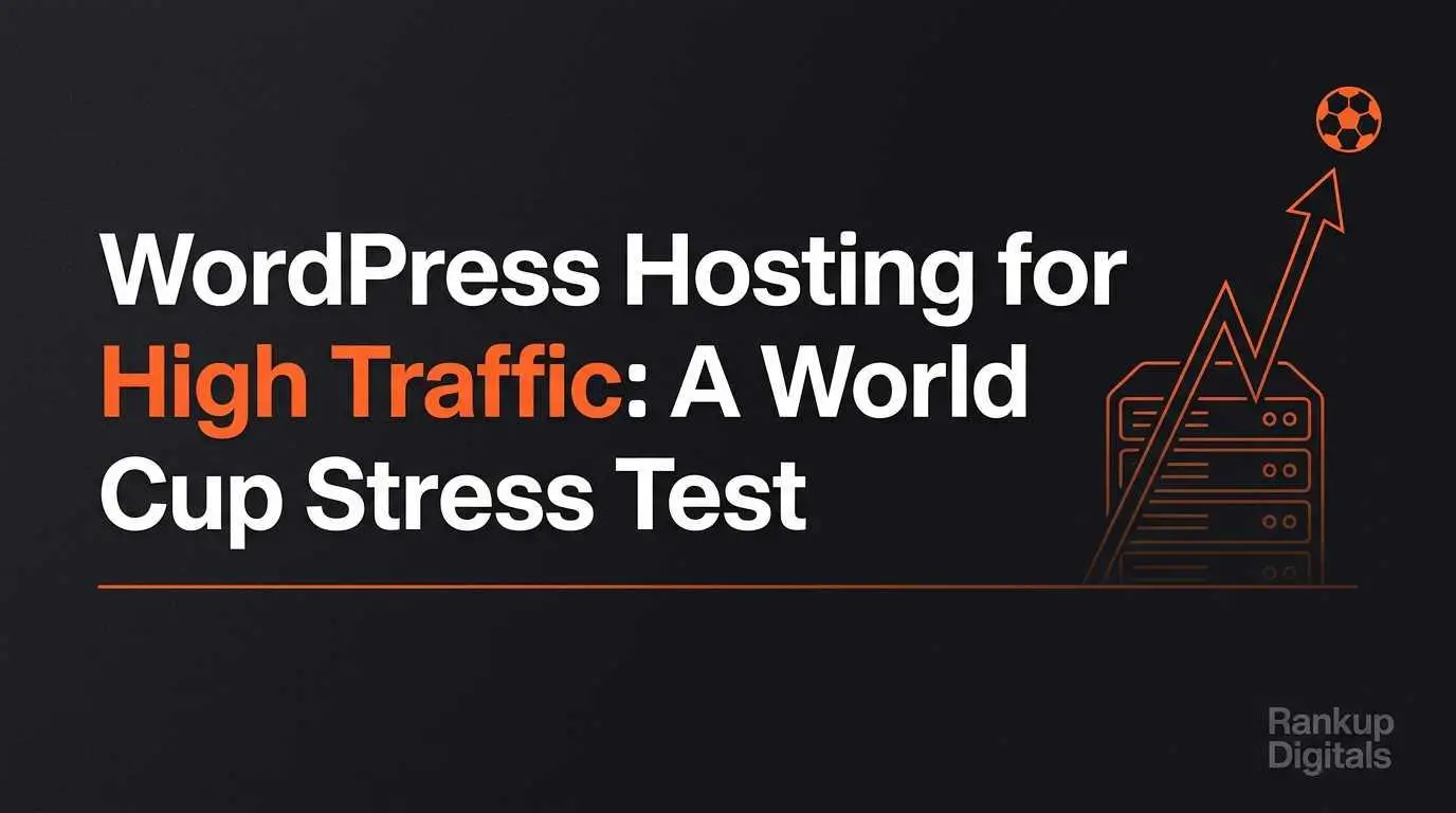 WordPress hosting hero banner showing server rack with traffic spike graph and soccer ball for World Cup readiness