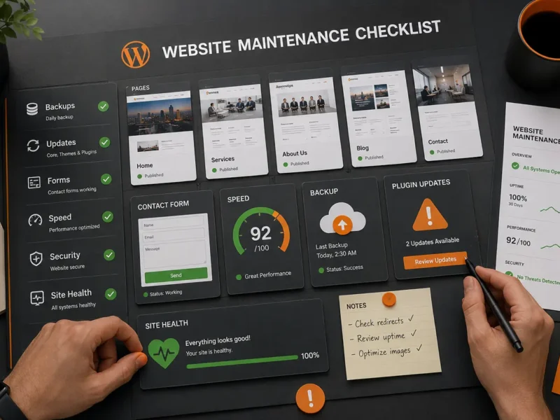 Business website maintenance scene showing backups, updates, forms, speed, security, and website health checks
