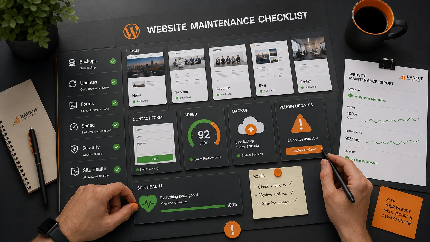 Business website maintenance scene showing backups, updates, forms, speed, security, and website health checks