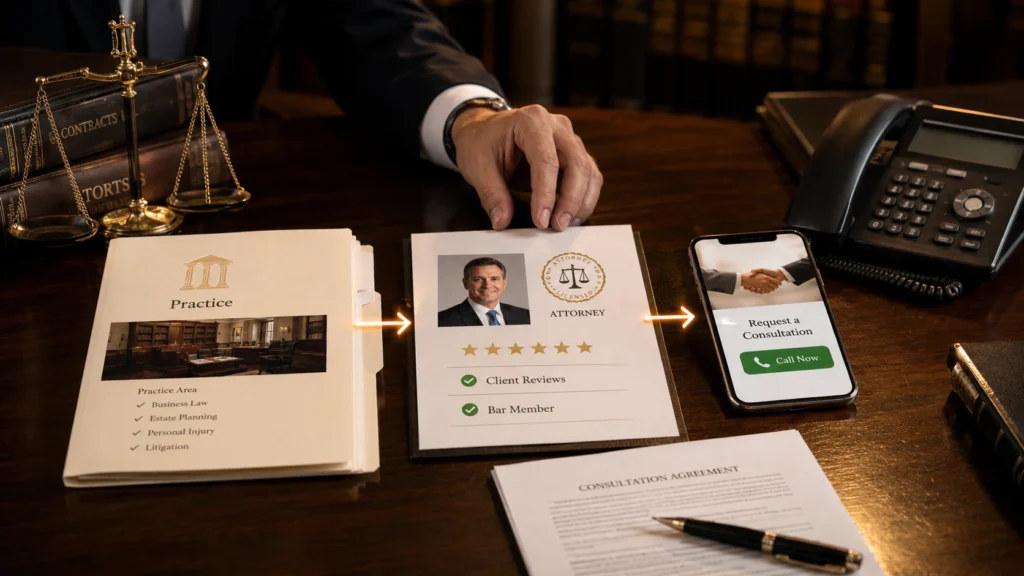 law firm SEO showing clear practice page trust signals and easy contact path