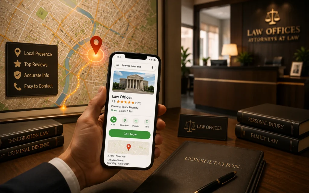 local lawyer search with map pin reviews office location and phone call action