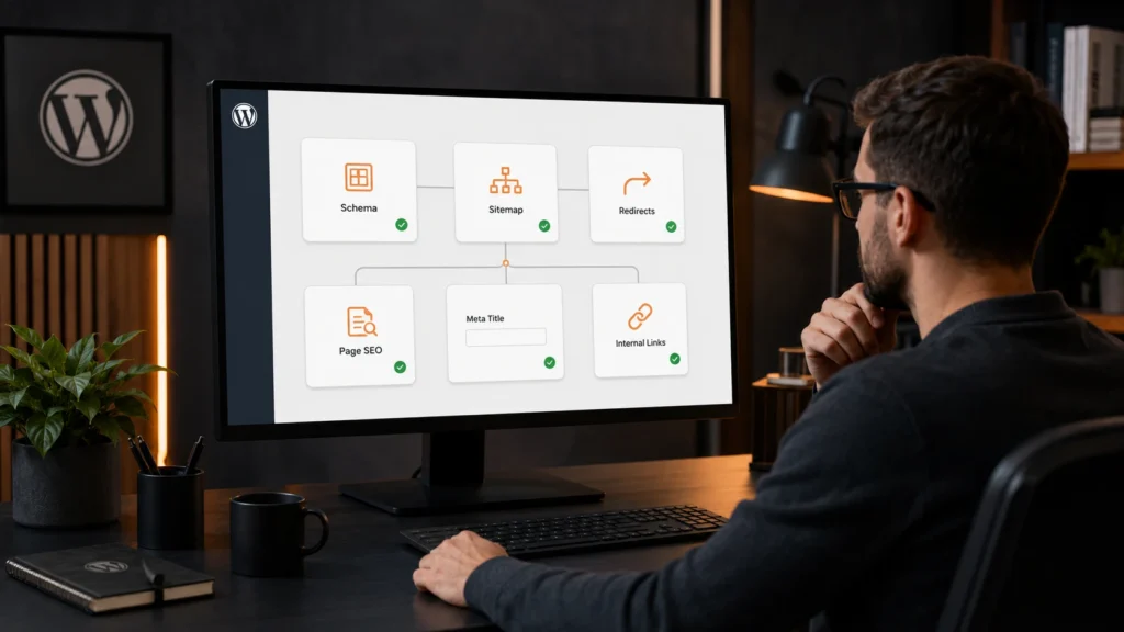 business website SEO workflow showing service pages schema sitemap redirects and meta titles