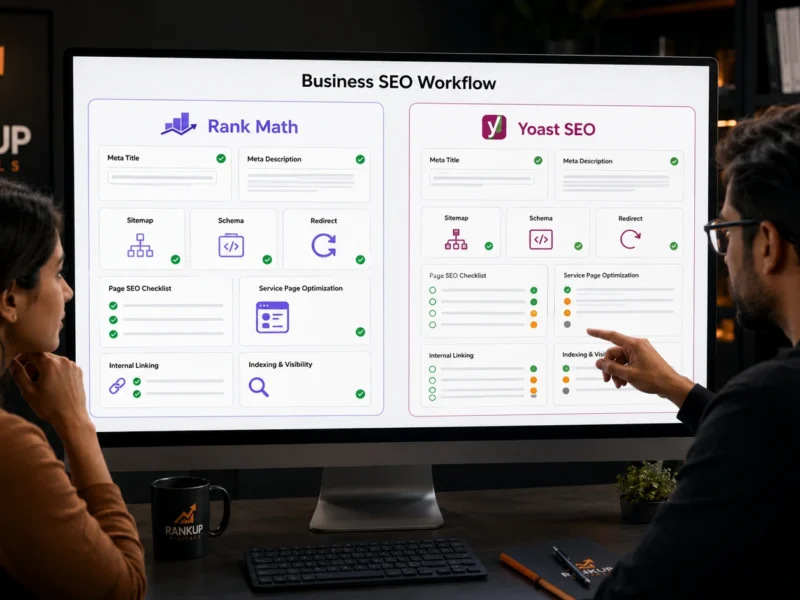 Rank Math and Yoast SEO comparison on a WordPress business website dashboard