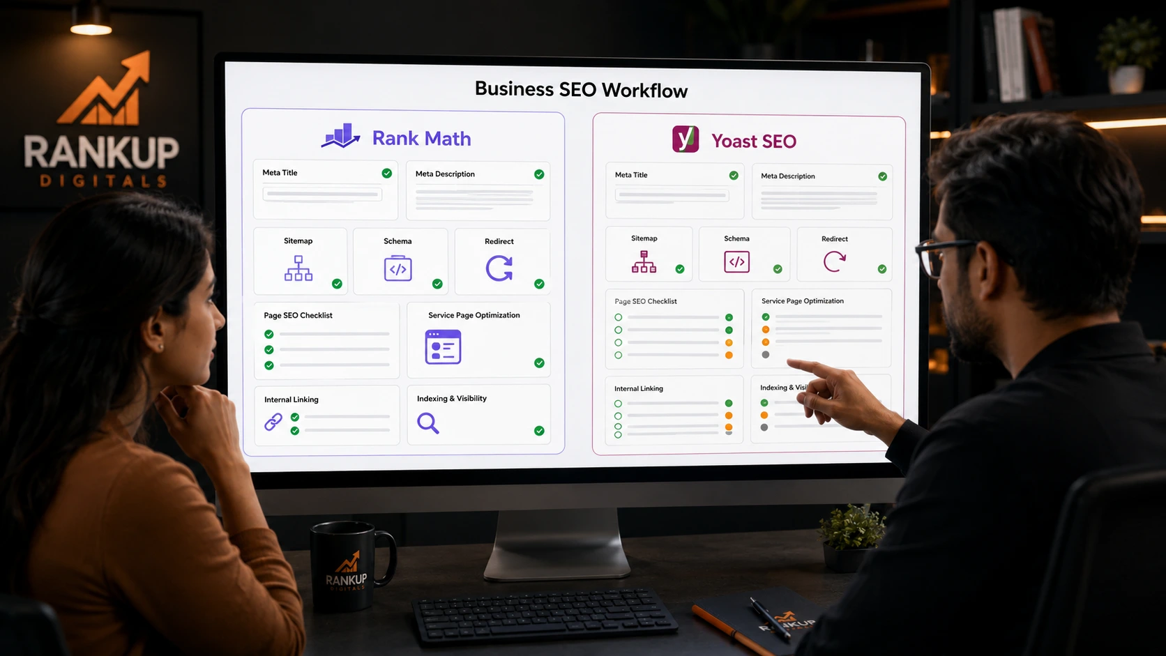Rank Math and Yoast SEO comparison on a WordPress business website dashboard